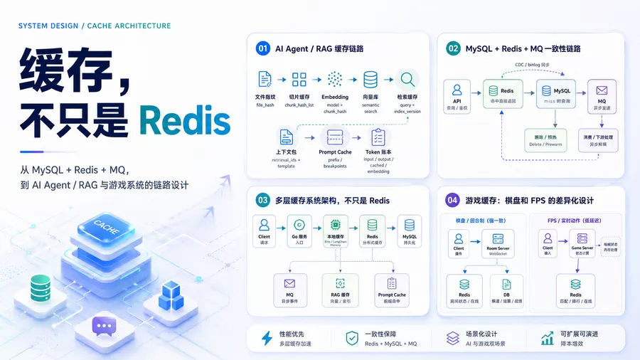 用业务场景讲清 Go 本地缓存、Redis、Prompt Caching、RAG 缓存、MQ、MySQL 一致性和游戏状态缓存。